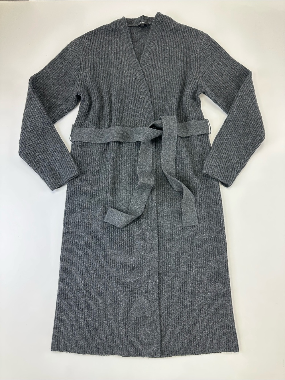 Knix Charcoal Grey Rib Knit Long Belted Cardigan Sweater Med Cotton Wool Blend
